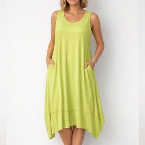 Marla Wynne Lime Green Swing Tank Dress Pockets Stretch Midi L/XL